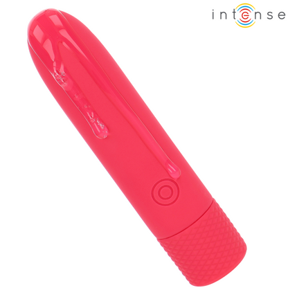 Vibradora recargable por USB INTENSE SYMONE BALA en color rojo, con 8 funciones de vibración, tamaño 10x2.2 cm.