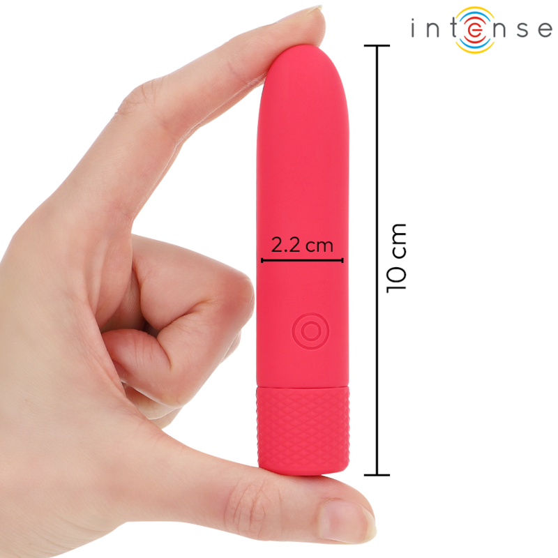 Vibradora recargable por USB INTENSE SYMONE en color rojo con 8 funciones de vibración, tamaño 10 x 2.2 cm.
