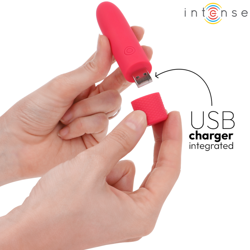 Vibradora recargable USB INTENSE SYMONE en color rojo, 8 modos de vibración, tamaño 10 x 2.2 cm.