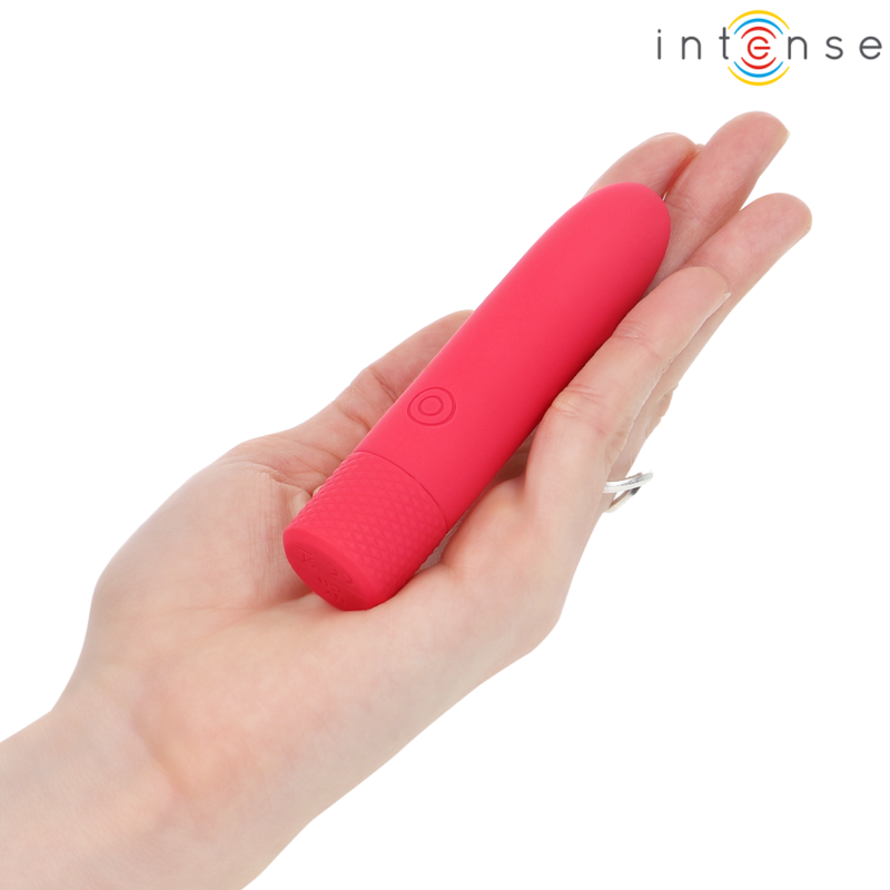 Vibradora recargable por USB INTENSE SYMONE BALA en color rojo, con 8 funciones de vibración, tamaño 10x2.2 cm.