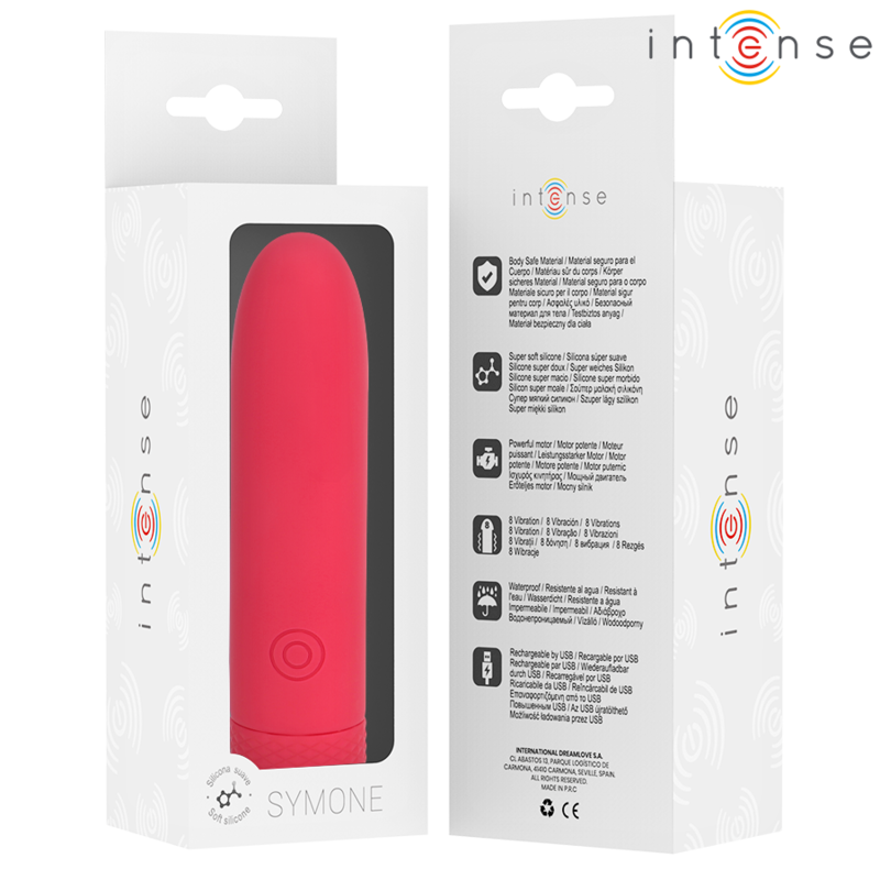 Vibrador recargable USB INTENSE SYMONE en color rojo, 8 funciones de vibración, tamaño 10x2.2 cm, para placer personal.