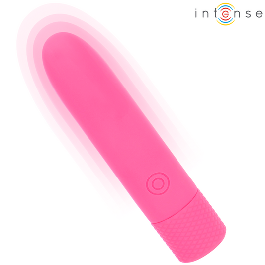Vibrador recargable por USB Symone de INTENSE FUN en color rosa, 8 modos de vibración, tamaño 10x2.2 cm.