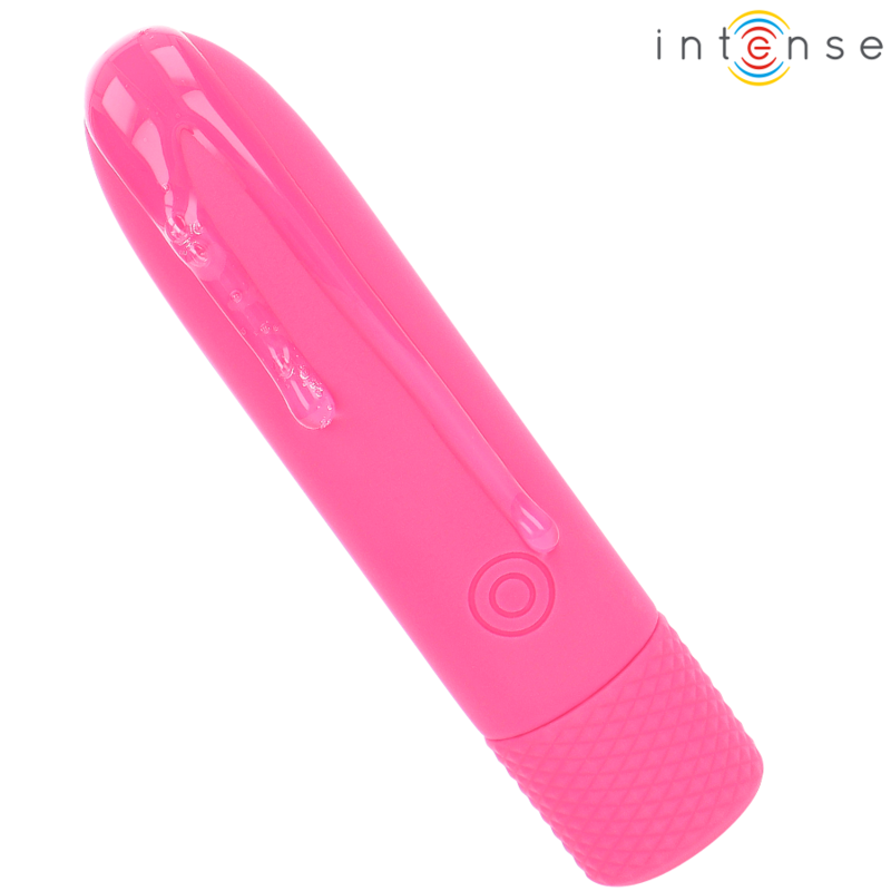 Vibradora recargable USB INTENSE SYMONE en color rosa, con 8 modos de vibración, tamaño 10x2.2 cm, diseñada para placer.