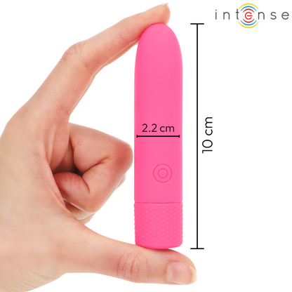 Vibradora recargable USB INTENSE Symone en color rosa con 8 funciones de vibración, tamaño 10x2.2 cm, marca INTENSE FUN.