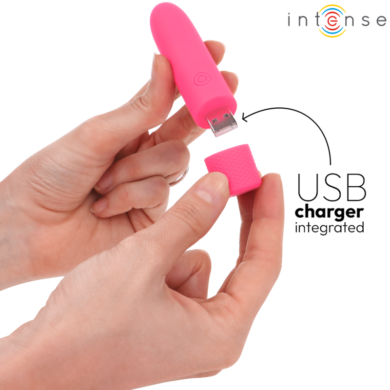 Vibradora recargable USB Symone de INTENSE FUN en color rosa, 8 modos de vibración, tamaño 10 x 2.2 cm.