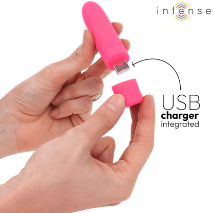 Vibradora recargable USB Symone de INTENSE FUN en color rosa, 8 modos de vibración, tamaño 10 x 2.2 cm.