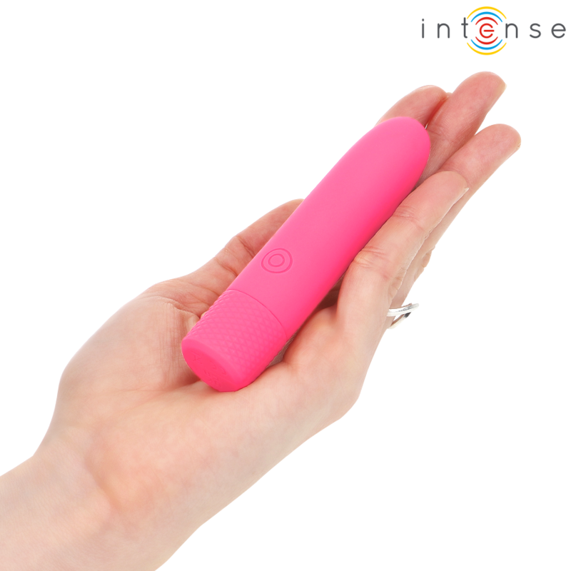 Vibradora recargable por USB INTENSE FUN Symone en color rosa con 8 velocidades, tamaño 10 x 2.2 cm, diseñada para placer.