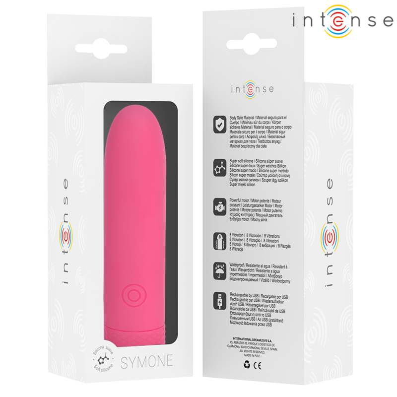 Vibradora recargable USB Symone de la marca INTENSE FUN en color rosa, con 8 funciones de vibración y tamaño 10 x 2.2 cm.