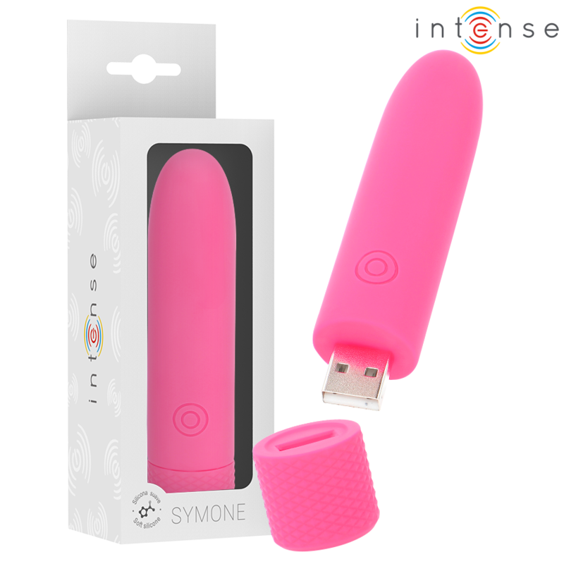 Vibradora recargable USB de color rosa con 8 modos de vibración, tamaño 10 x 2.2 cm, de la marca INTENSE FUN.