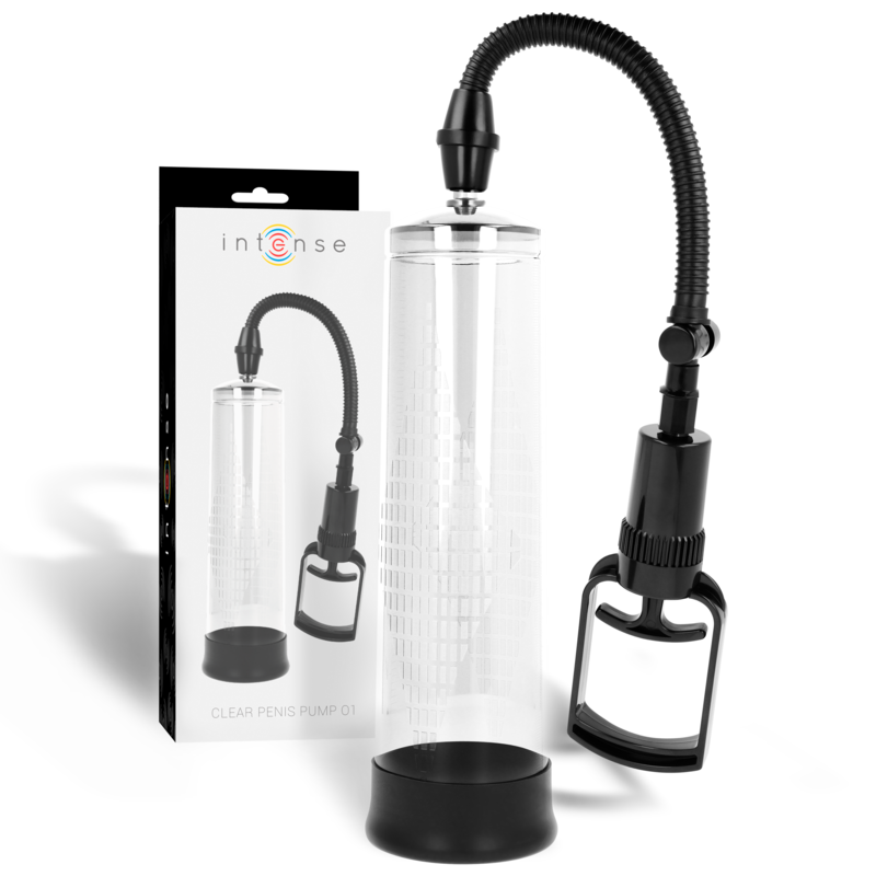 Bomba de agua transparente de la marca INTENSE PUMP, diseñada para uso doméstico, con mango ergonómico y cuerpo transparente.