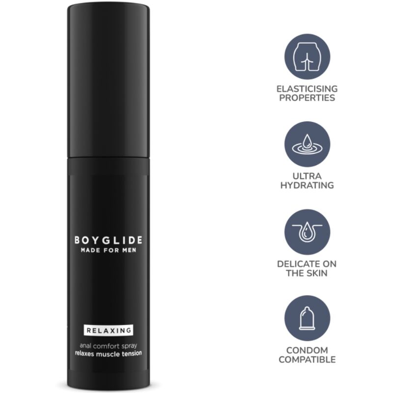 Spray anal relajante INTIMATELINE BOYGLIDE, frasco de 20 ml con pulverizador para uso íntimo y relajación anal