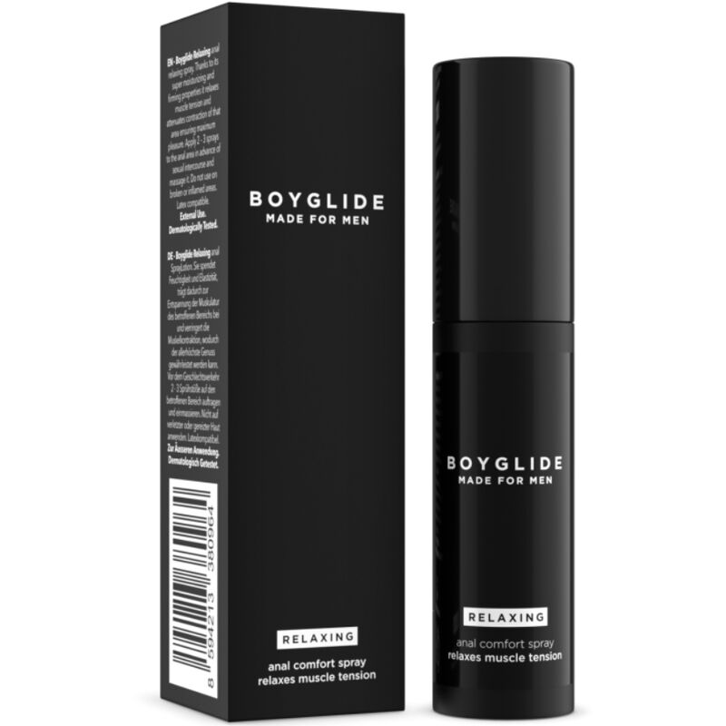 Spray anal relajante INTIMATELINE BOYGLIDE en botella de 20 ml, con aplicador y etiqueta visible.