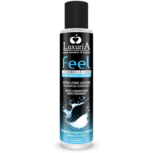 Lubricante base agua Intimateline Luxuria Feel en botella de 150 ml, ideal para uso íntimo y suave en la piel.