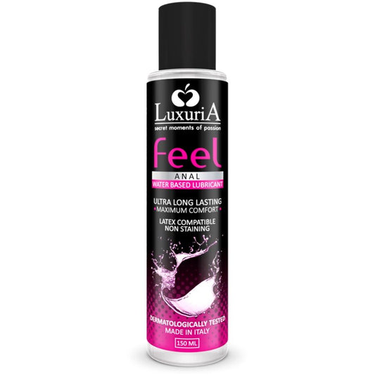 Lubricante íntimo base agua para uso anal de 150 ml de la marca INTIMATELINE LUXURIA, textura suave y fácil de aplicar.