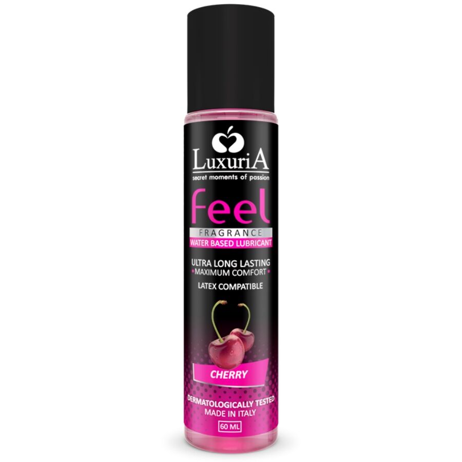 Lubricante a base de agua INTIMATELINE LUXURIA Feel con aroma a cereza, frasco de 60 ml, para mayor comodidad y placer.