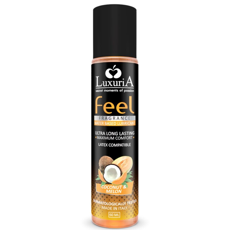 Lubricante base agua Intimateline Luxuria Feel con aroma a coco y melón, 60 ml, para mayor comodidad y sensaciones suaves.