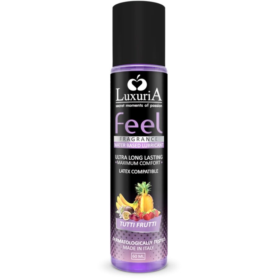 Lubricante base Tutti Frutti de INTIMATELINE LUXURIA, frasco de 60 ml con líquido transparente y aroma frutal, para uso íntimo.