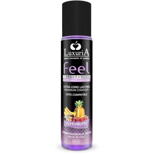 Lubricante base Tutti Frutti de INTIMATELINE LUXURIA, frasco de 60 ml con líquido transparente y aroma frutal, para uso íntimo.