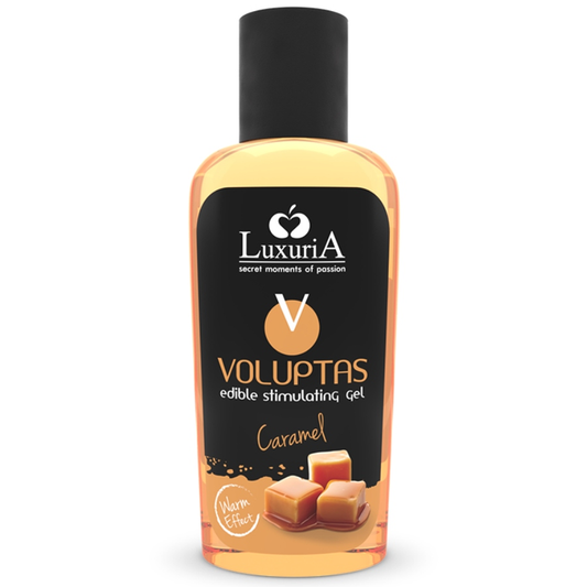 Gel de masaje comestible INTIMATELINE LUXURIA Voluptas con efecto calor, sabor a caramelo, en envase de 100 ml.