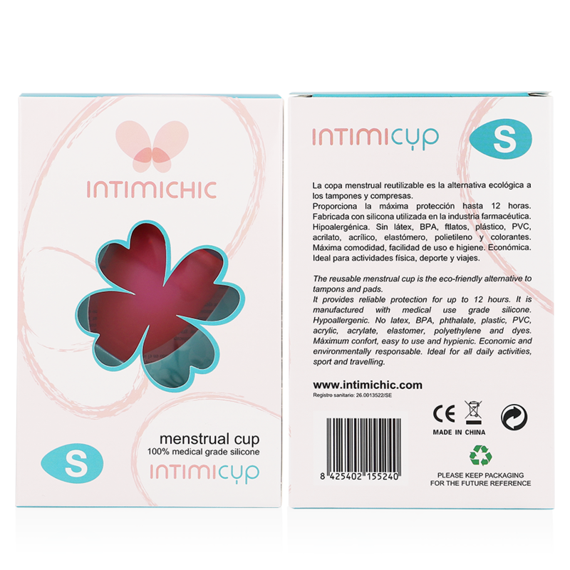 Copa menstrual de silicona médica INTIMICHIC, talla S, en color transparente, diseñada para comodidad y protección femenina.
