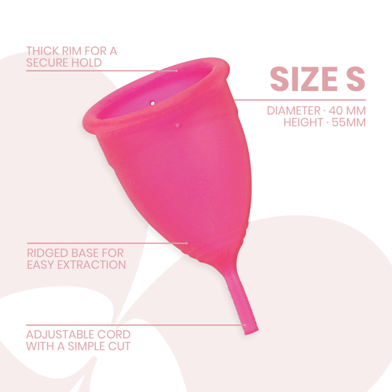 Copa menstrual de silicona médica INTIMICHIC en talla S, vista frontal con detalles de la copa y material suave y flexible
