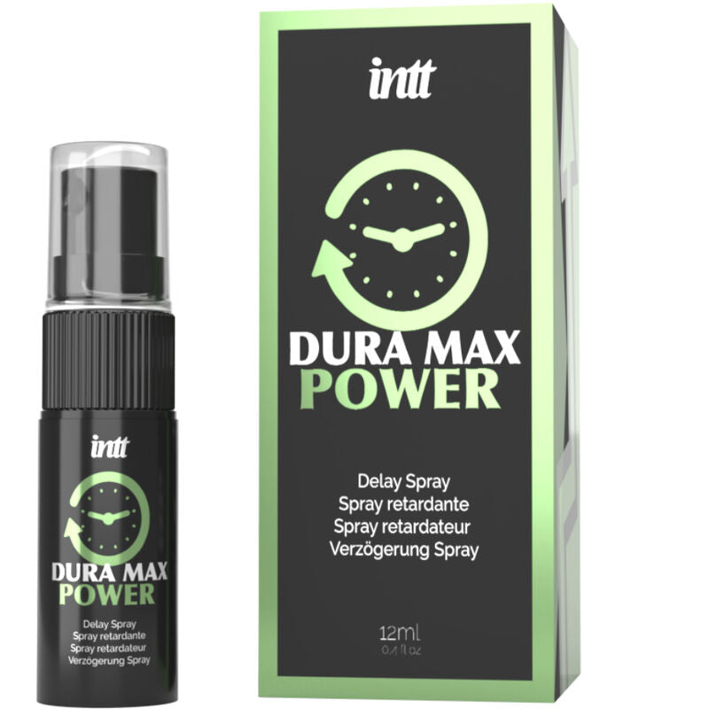 Spray retardante INTT DURA MAX POWER de INTT FOR HIM en un bote con etiqueta blanca y negro.