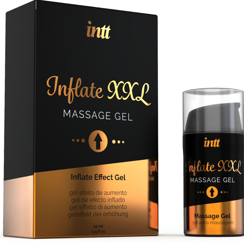 Gel íntimo INTT FOR HIM para aumentar erección y tamaño del pene, con envase y aplicación visible en la imagen.