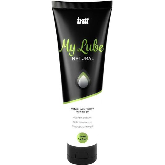 Lubricante íntimo de base agua natural de INTT LUBRICANTS, envase con producto transparente y etiqueta blanca.