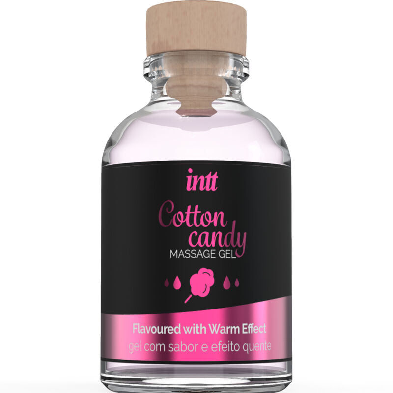 Gel de masaje y sexo oral INTT MASSAGE & ORAL SEX con sabor a algodón de azúcar y efecto calor, en envase de color transparente.