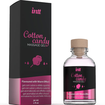 Gel de masaje INTT MASSAGE & ORAL SEX con sabor a algodón de azúcar y efecto calor, visible en el frasco y textura del producto.