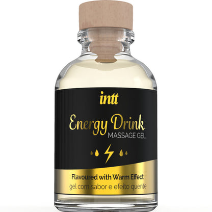 Gel de masaje y sexo oral INTT MASSAGE & ORAL SEX con sabor a bebida energética y efecto calor, en envase transparente.