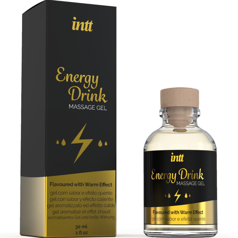 Gel de masaje y sexo oral INTT MASSAGE & ORAL SEX con sabor a bebida energética y efecto calor, en envase transparente.