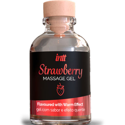Gel de masaje y sexo oral INTT MASSAGE & ORAL SEX con sabor a fresa y efecto calor, en envase de color transparente.