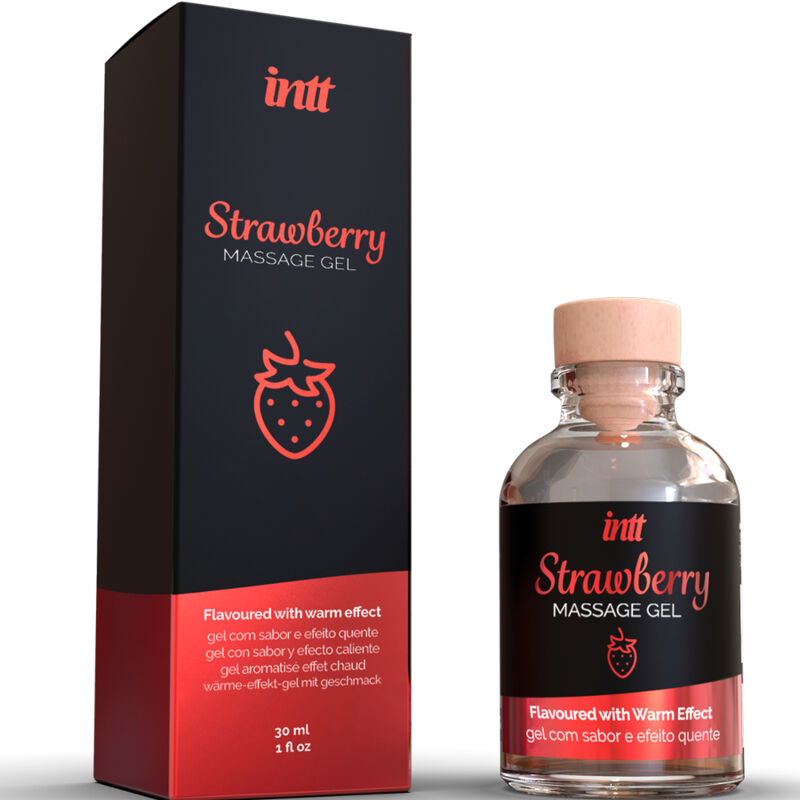 Gel de masaje y sexo oral INTT MASSAGE & ORAL SEX con sabor a fresa y efecto calor, para experiencias sensuales y placenteras.