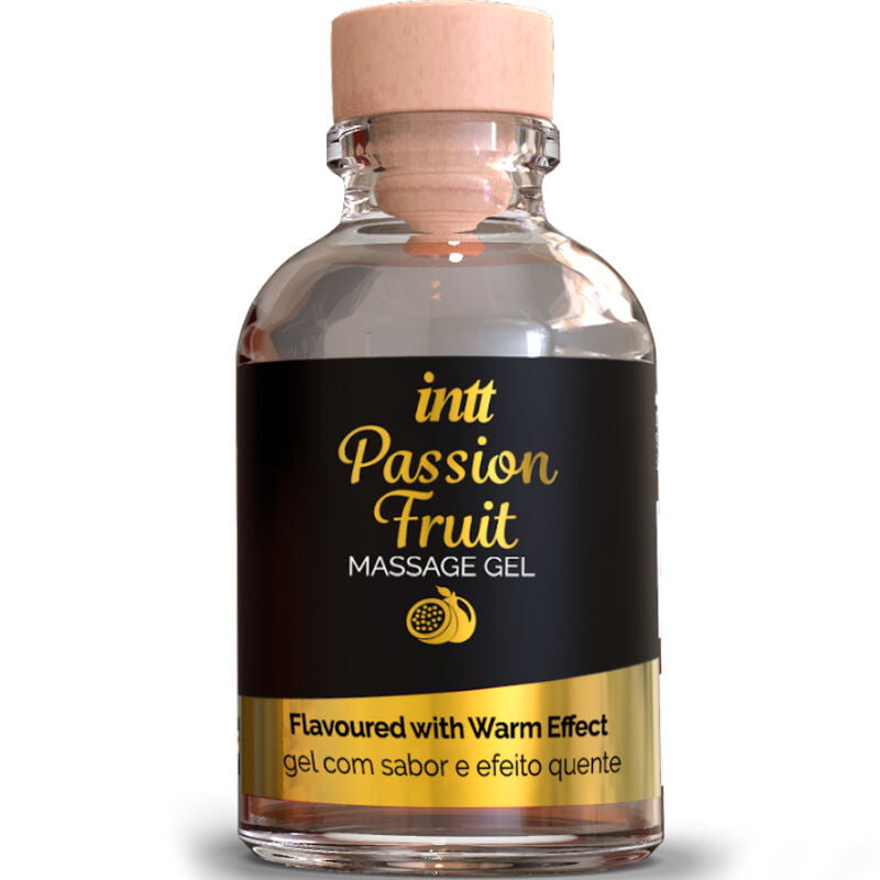 INTT Massage & Oral Sex gel with passion fruit flavor and warming effect, shown in a sleek bottle with a vibrant fruit design.