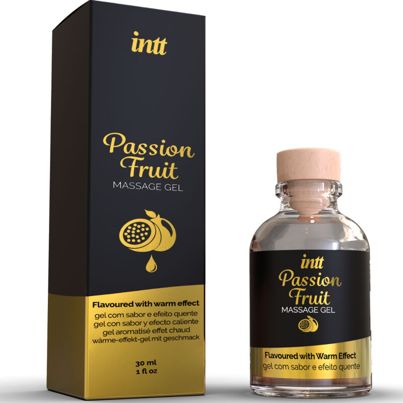INTT Massage & Oral Sex gel with passion fruit flavor, warming effect, designed for massage and oral pleasure, in a 125ml bottle.