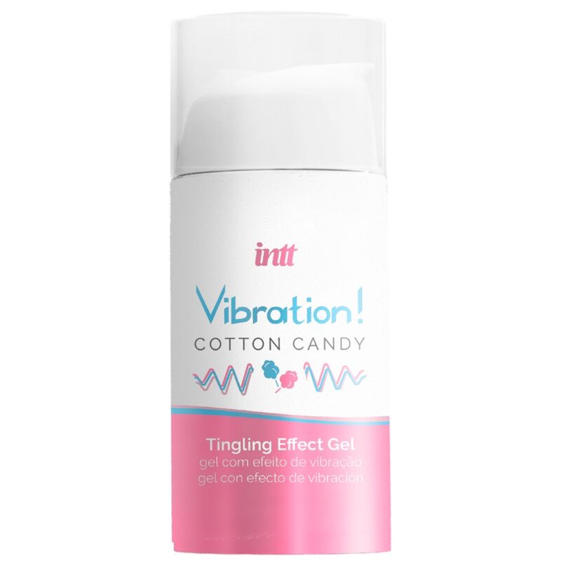 Gel estimulante íntimo INTT, líquido y vibrador, con aroma a algodón de azúcar, en envase de 15 ml para mayor placer.