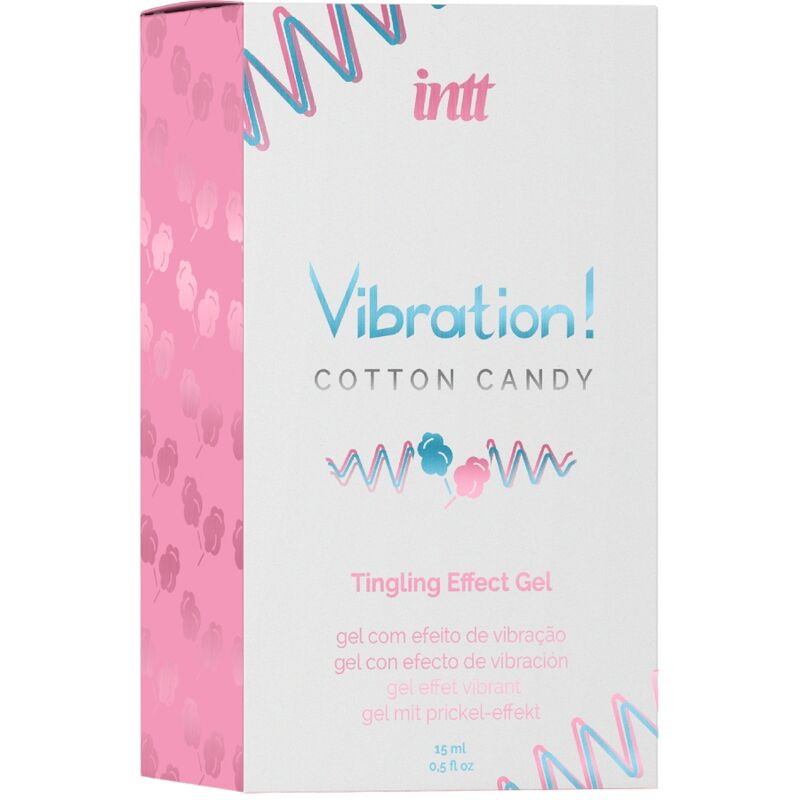 Gel estimulante íntimo INTT unisex con efecto vibrador, sabor algodón de azúcar, 15 ml, en envase líquido compacto.