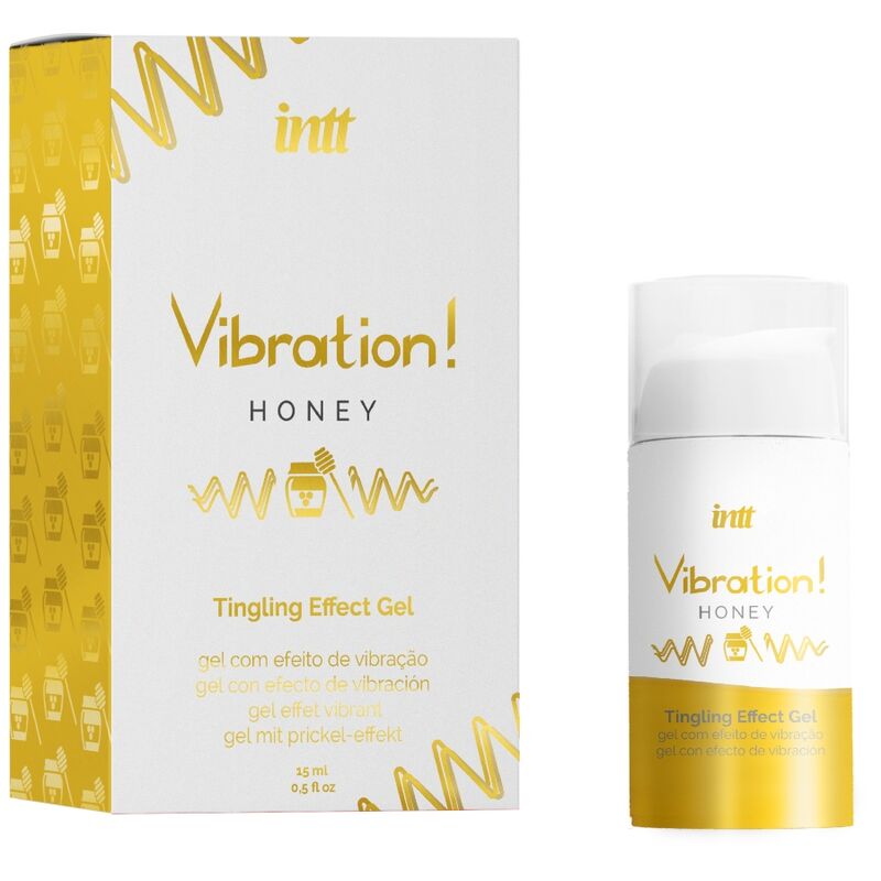 Gel estimulante íntimo líquido de miel de la marca INTT, efecto potente y vibrador, en envase de 15 ml.