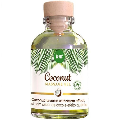 INTT VEGAN LINE coconut-flavored massage gel with warming effect in a clear bottle, showcasing creamy texture.