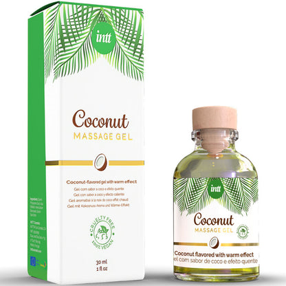 INTT Vegan Line coconut flavored massage gel with warming effect in a clear bottle on a light background.