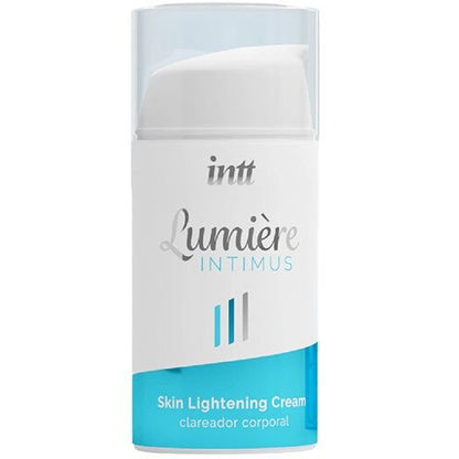 Crema corporal hidratante y aclaradora INTT Lumière Intimus de INTT WELL BEING, envase con textura suave y diseño elegante.
