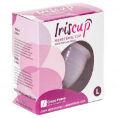 Copa menstrual IRISCUP grande de color rosa con bolsa esterilizadora gratis, diseñada para comodidad y protección femenina