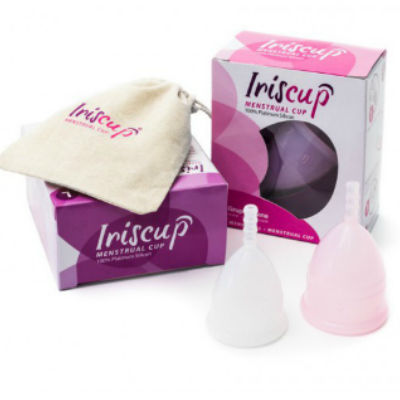 IRISCUP small pink menstrual cup with a free sterilizer bag, showcasing the cup's design and color.