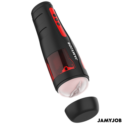 Masturbador vaginal automático JAMYJOB Cyclone con 10 modos de rotación y empuje, diseño compacto y realista para placer.