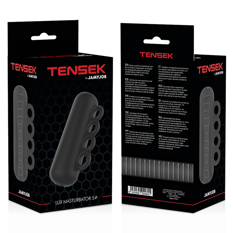 Masturbador Tensek 5 negro de la marca JAMYJOB, con textura detallada y diseño realista para placer personal.