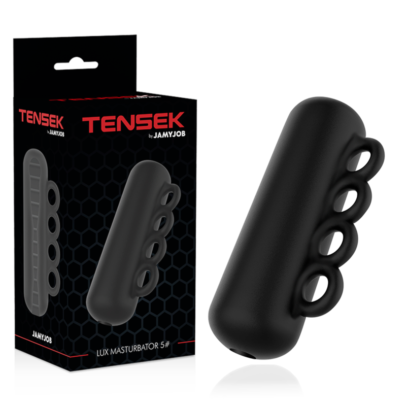 Masturbador Tensek 5 negro de JAMYJOB, con textura realista y diseño ergonómico, para uso íntimo masculino.