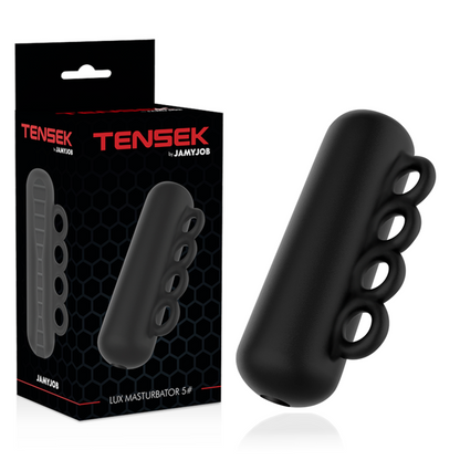 Masturbador Tensek 5 negro de JAMYJOB, con textura realista y diseño ergonómico, para uso íntimo masculino.