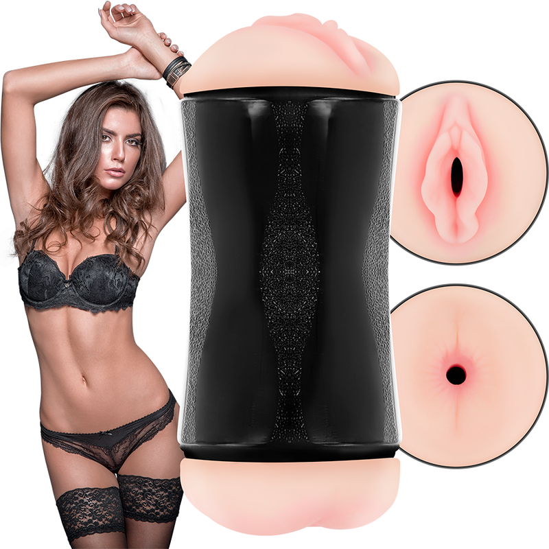 Masturbador doble con entrada vaginal y anal de la marca JAMYJOB, con textura realista y diseño compacto para uso personal.
