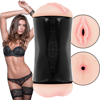 Masturbador doble con entrada vaginal y anal de la marca JAMYJOB, con textura realista y diseño compacto para uso personal.